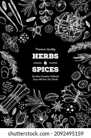 Herbs and spices hand drawn vector illustration. Aromatic plants. Hand drawn food sketch. Great for package. Vintage illustration. Card design. Sketch style. Spice and herbs black and white design.