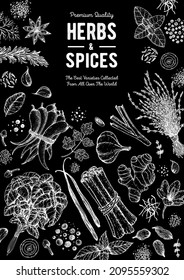 Herbs and spices hand drawn vector illustration. Aromatic plants. Hand drawn food sketch. Great for package. Vintage illustration. Card design. Sketch style. Spice and herbs black and white design.