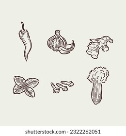 Herbs and spices hand drawn vector illustration. Hand drawn food sketch. Vintage illustration. Aromatic plants. Card design. Sketch style. Spice and herbs black and white design