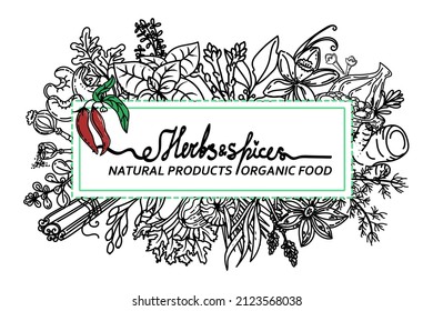Herbs and spices, hand-drawn vector illustrations. Hand-drawn food sketch. Cooking. Aromatic plants. Postcard design for packaging. Sketch style. Silhouette design of spices and herbs.