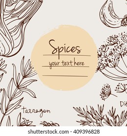 Herbs. Spices. Herb drawn black lines on a white background. Vector illustration. Background with herbs with window for text