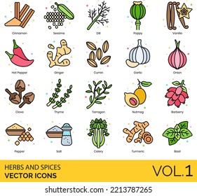 Herbs and Spices Icons including Allspice, Arugula, Barberry, Basil, Bay Leaf, Cardamom, Celery, Chives, Cinnamon, Clove, Coriander, Cress, Cumin, Dill, Dried, Fennel, Fresh, Garlic, Ginger, Ground