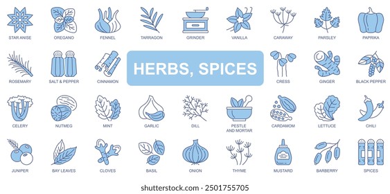 Herbs and spices icons set in duotone outline stroke design for web. Pack pictograms of star anise, oregano, fennel, tarragon, vanilla, caraway, parsley, paprika, rosemary, other. Vector illustration.