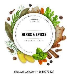 Herbs and spices illustration frame around a circle with the inscription. Textured items. Isolated objects cillection. Ginger, turmeric, slices, roots, Bay leaf, pepper. Vector