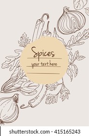 Herbs. Spices. Italian herb drawn black lines on a white background. Vector illustration. Background with herbs with window for text