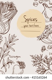 Herbs. Spices. Italian herb drawn black lines on a white background. Vector illustration. Background with herbs with window for text