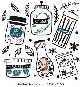 Herbs and spices jars icon set: basil, pepper, rosemary, anise, vanilla, bay leaves. Hand drawn vector kitchen glass bottles and jars. Kitchen line illustration. Doodle style. Isolated on white