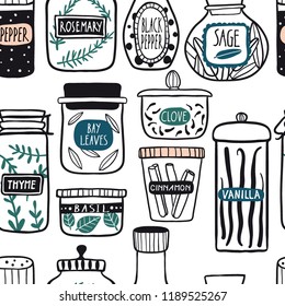 Herbs and spices jars seamless pattern: cinnamon, dill, thyme, sage, clove, pepper. Hand drawn vector kitchen glass bottles and jars. Kitchen background. Doodle style