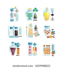Herbs and spices jars set, different culinary condiments vector Illustrations i