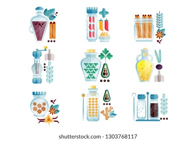 Herbs and spices jars set, different culinary condiments vector Illustrations i
