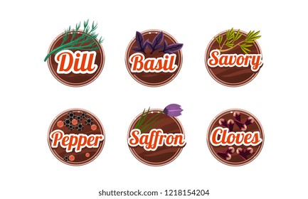 Herbs and spices kitchen badges set, dill, basil, savory, pepper, saffron, cloves labels vector Illustration on a white background