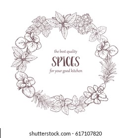 Herbs and spices label. Engraving illustrations for packaging. Vector sketches of vegan food. Hand drawn plants. Frame.