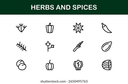Coleção de ícones de ervas e especiarias. Exclusivo, premium ícone pacote de ervas orgânicas e temperos visuais em um design linear simples para aplicações criativas, gourmet, e produtos naturais.