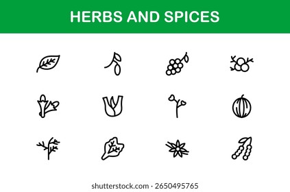 Coleção de ícones de ervas e especiarias. Exclusivo, premium ícone pacote de ervas orgânicas e temperos visuais em um design linear simples para aplicações criativas, gourmet, e produtos naturais.