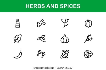 Herbs and Spices Line Icon Collection. Unique, premium icon pack of organic herbs and spice visuals in a simple linear design for creative, gourmet, and natural product applications.