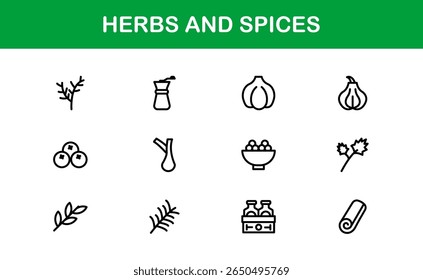 Coleção de ícones de ervas e especiarias. Exclusivo, premium ícone pacote de ervas orgânicas e temperos visuais em um design linear simples para aplicações criativas, gourmet, e produtos naturais.