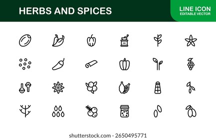Coleção de ícones de ervas e especiarias. Exclusivo, premium ícone pacote de ervas orgânicas e temperos visuais em um design linear simples para aplicações criativas, gourmet, e produtos naturais.