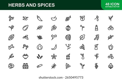 Coleção de ícones de ervas e especiarias. Exclusivo, premium ícone pacote de ervas orgânicas e temperos visuais em um design linear simples para aplicações criativas, gourmet, e produtos naturais.