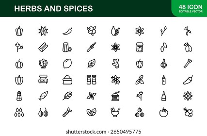 Coleção de ícones de ervas e especiarias. Exclusivo, premium ícone pacote de ervas orgânicas e temperos visuais em um design linear simples para aplicações criativas, gourmet, e produtos naturais.
