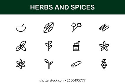 Coleção de ícones de ervas e especiarias. Exclusivo, premium ícone pacote de ervas orgânicas e temperos visuais em um design linear simples para aplicações criativas, gourmet, e produtos naturais.