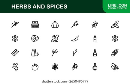 Coleção de ícones de ervas e especiarias. Exclusivo, premium ícone pacote de ervas orgânicas e temperos visuais em um design linear simples para aplicações criativas, gourmet, e produtos naturais.