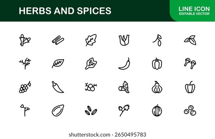 Coleção de ícones de ervas e especiarias. Exclusivo, premium ícone pacote de ervas orgânicas e temperos visuais em um design linear simples para aplicações criativas, gourmet, e produtos naturais.