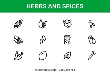Coleção de ícones de ervas e especiarias. Exclusivo, premium ícone pacote de ervas orgânicas e temperos visuais em um design linear simples para aplicações criativas, gourmet, e produtos naturais.