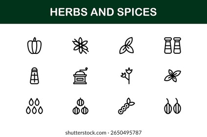 Coleção de ícones de ervas e especiarias. Exclusivo, premium ícone pacote de ervas orgânicas e temperos visuais em um design linear simples para aplicações criativas, gourmet, e produtos naturais.