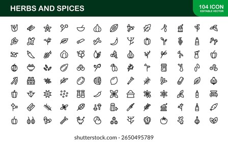 Coleção de ícones de ervas e especiarias. Exclusivo, premium ícone pacote de ervas orgânicas e temperos visuais em um design linear simples para aplicações criativas, gourmet, e produtos naturais.