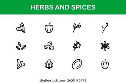 Coleção de ícones de ervas e especiarias. Exclusivo, premium ícone pacote de ervas orgânicas e temperos visuais em um design linear simples para aplicações criativas, gourmet, e produtos naturais.