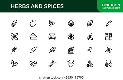Coleção de ícones de ervas e especiarias. Exclusivo, premium ícone pacote de ervas orgânicas e temperos visuais em um design linear simples para aplicações criativas, gourmet, e produtos naturais.