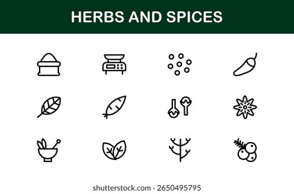 Coleção de ícones de ervas e especiarias. Exclusivo, premium ícone pacote de ervas orgânicas e temperos visuais em um design linear simples para aplicações criativas, gourmet, e produtos naturais.