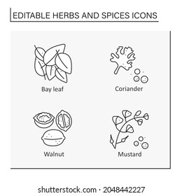 Herbs and spices line icons set. Different types of seasoning. Bay leaf, coriander, walnut, mustard.Food preparation concept. Isolated vector illustrations. Editable stroke