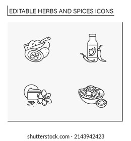  Herbs and spices line icons set. Herbs with special flavors. Chilli, saffron, walnut and cardamon. Botany concept. Isolated vector illustrations. Editable stroke