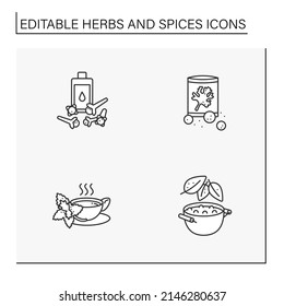  Iconos de línea de hierbas y especias. Hierbas con sabores especiales. Cloves, cilantro, menta y hojas de laurel. Concepto botánico. Ilustraciones vectoriales aisladas. Trazo editable