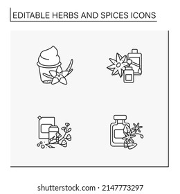  Herbs and spices line icons set. Herbs with special flavors. Vanilla extract, anise, mustard and jasmine. Botany concept. Isolated vector illustrations. Editable stroke