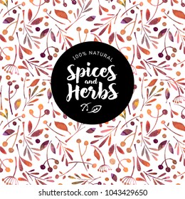 Herbs And Spices Logo. Watercolor Pattern Of Herbs And Spices. Packing Or Wrapping Paper.
