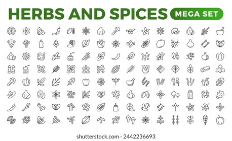 Herbs and spices - minimal thin-line web icon set. Outline icons collection. Spices, condiments, and herbs.Condiment icons set. Outline icon set.