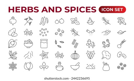 Herbs and spices - minimal thin-line web icon set. Outline icons collection. Spices, condiments, and herbs.Condiment icons set. Outline icon set.