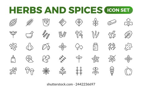 Herbs and spices - minimal thin-line web icon set. Outline icons collection. Spices, condiments, and herbs.Condiment icons set. Outline icon set.