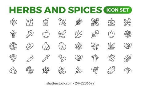 Herbs and spices - minimal thin-line web icon set. Outline icons collection. Spices, condiments, and herbs.Condiment icons set. Outline icon set.