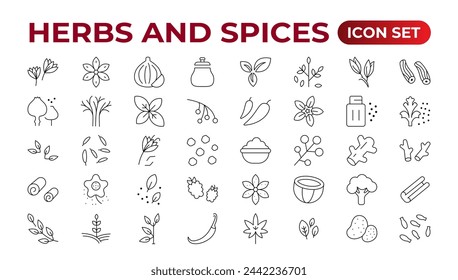 Herbs and spices - minimal thin-line web icon set. Outline icons collection. Spices, condiments, and herbs.Condiment icons set. Outline icon set.