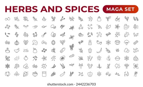 Herbs and spices - minimal thin-line web icon set. Outline icons collection. Spices, condiments, and herbs.Condiment icons set. Outline icon set.