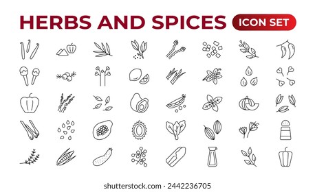 Herbs and spices - minimal thin-line web icon set. Outline icons collection. Spices, condiments, and herbs.Condiment icons set. Outline icon set.