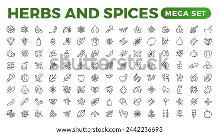 Herbs and spices - minimal thin-line web icon set. Outline icons collection. Spices, condiments, and herbs.Condiment icons set. Outline icon set.
