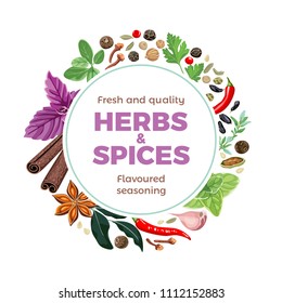 Herbs and spices mix round frame. Vector illustration in flat style. Template for banner, advertisement, web, print, card, restaurant, menu, emblem, sticker, placard.