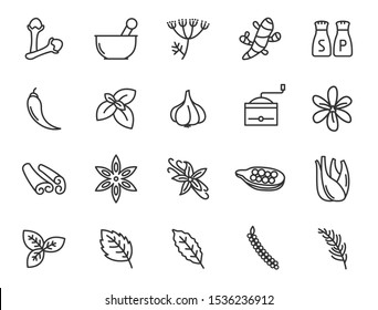 herbs and spices for natural wellness outline flat icons for web and ui design.   vector icons set isolated on white background.  