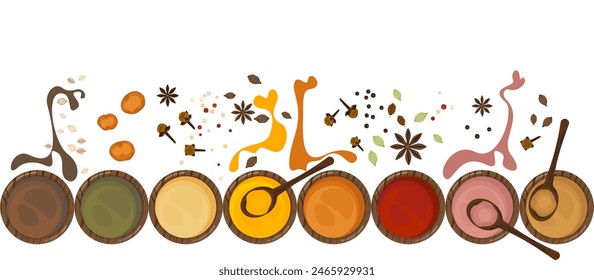 Herbs, spices, and spices on wooden bowls, top view in vintage style isolated on white background, vector illustration.