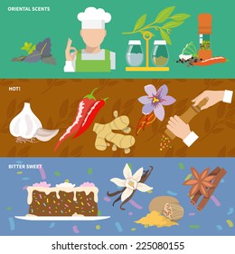 Herbs and spices oriental scents pepper hot bitter sweet banner set isolated vector illustration