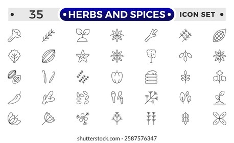 Herbs and Spices outline icon. Fresh Produce, Dairy, Snacks, Meats, Condiments, Beverages, Baby Food, Household Items – Vector Icons for E-commerce, Food Delivery and Grocery Apps.
